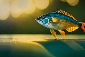 un pescado es en pie en un superficie con un brillante ligero. generado por ai foto