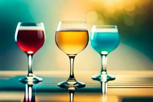 three glasses of different colored drinks on a table. AI-Generated photo