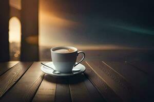 a cup of coffee on a wooden table with a view of the sunset. AI-Generated photo