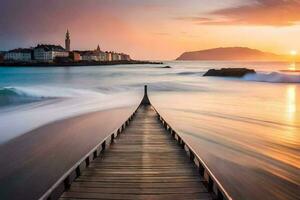 un de madera muelle estiramientos fuera dentro el Oceano a puesta de sol. generado por ai foto