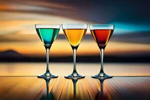 three glasses of colored drinks on a table. AI-Generated photo