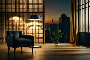 a chair and lamp in front of a window with a city view. AI-Generated photo