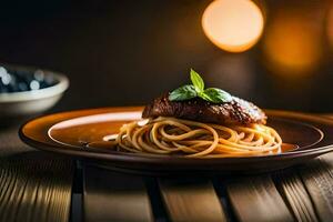 spaghetti with meat and blueberries on a wooden table. AI-Generated photo