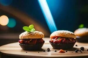 three mini burgers on a wooden board. AI-Generated photo