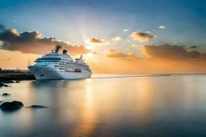 un crucero Embarcacion en el Oceano a puesta de sol. generado por ai foto