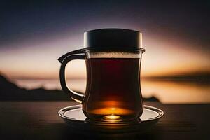 a cup of tea on a table with the sun setting behind it. AI-Generated photo