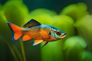 un pescado con naranja y azul rayas nadando en el agua. generado por ai foto