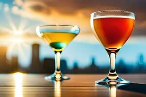 two glasses of alcohol on a table with a city skyline in the background. AI-Generated photo