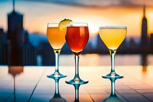 three glasses of different drinks on a table with a city skyline in the background. AI-Generated photo