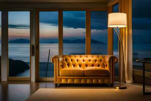 un vivo habitación con un cuero sofá y un lámpara por el ventana. generado por ai foto