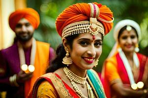 a bride in indian attire with her family. AI-Generated photo