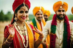 a bride and groom in traditional indian attire. AI-Generated photo