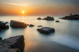 the sun rises over the ocean and rocks. AI-Generated photo