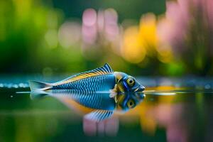 un pescado es flotante en el agua con un borroso antecedentes. generado por ai foto