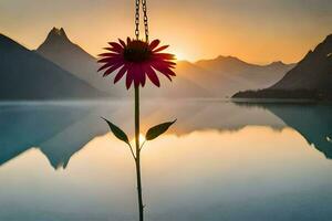 a flower is hanging from a chain over a lake. AI-Generated photo