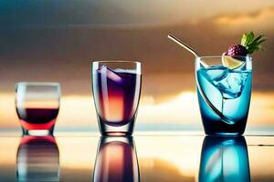 Tres lentes de vistoso bebidas con un puesta de sol en el antecedentes. generado por ai foto