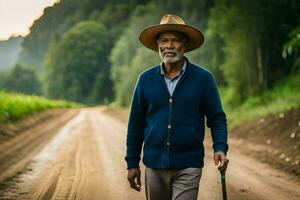 an older man with a hat and walking stick on a dirt road. AI-Generated photo