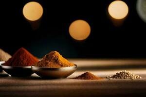 spices in bowls on a table with a clock. AI-Generated photo