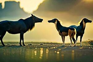 three wildebeest standing in the water at sunset. AI-Generated photo