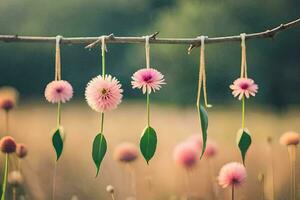 pink flowers hanging from a branch in a field. AI-Generated photo