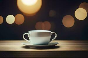 a cup of coffee on a table in front of a bokeh background. AI-Generated photo