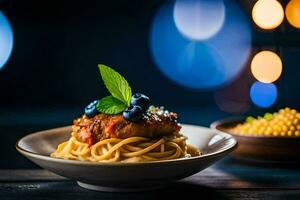 spaghetti with blueberries and meat on a plate. AI-Generated photo