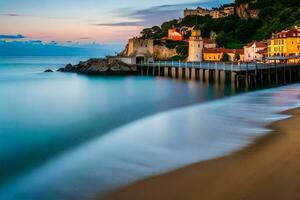 a long exposure photo of a pier and buildings on the beach. AI-Generated