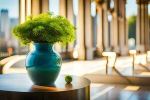 a blue vase with green flowers sitting on a table. AI-Generated photo