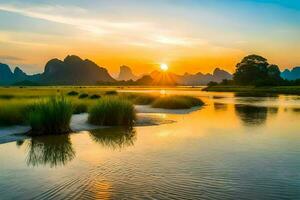 the sunrise over the li river, li river, li river, li river, li river,. AI-Generated photo