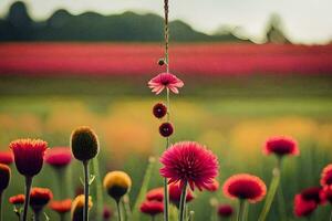 flores en un campo con un rojo y rosado flor. generado por ai foto