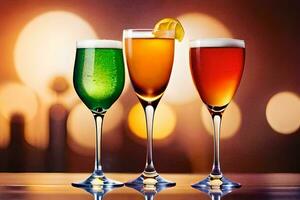 three glasses of different colored drinks on a table. AI-Generated photo