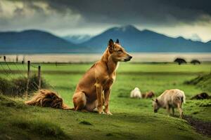 un perro sentado en el césped en frente de un manada de oveja. generado por ai foto