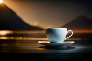 a cup of coffee on a table in front of a mountain. AI-Generated photo