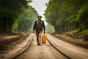 un hombre caminando abajo un la carretera con un maleta. generado por ai foto