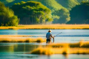 un hombre es pescar en un río con alto césped. generado por ai foto
