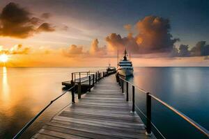 a dock at sunset with a boat in the water. AI-Generated photo