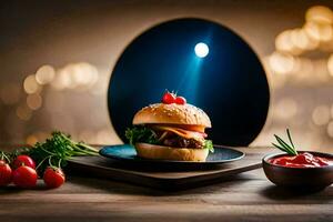 a hamburger on a plate with tomatoes and a bowl of ketchup. AI-Generated photo