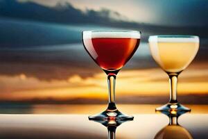 dos lentes de vino en un mesa con un puesta de sol en el antecedentes. generado por ai foto