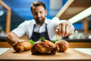 un hombre es preparando pollo en un corte tablero. generado por ai foto