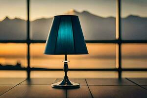 a lamp on a table in front of a window. AI-Generated photo