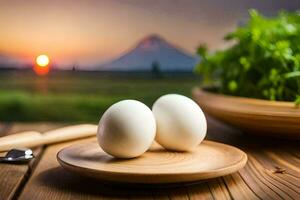 two eggs on a wooden plate with a view of the mountains. AI-Generated photo