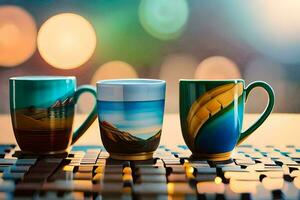 three coffee mugs sitting on a table with a bokeh background. AI-Generated photo