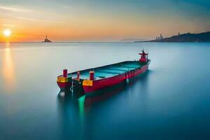 un rojo barco en el Oceano a puesta de sol. generado por ai foto