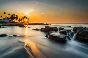 the sun sets over the ocean and rocks. AI-Generated photo
