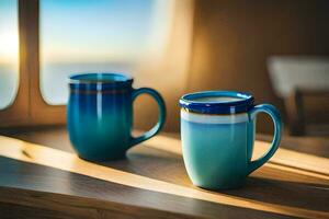 two mugs sitting on a wooden table in front of a window. AI-Generated photo