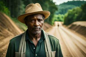 a man wearing a hat stands on a dirt road. AI-Generated photo