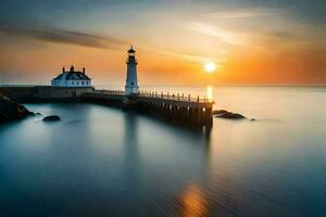 a lighthouse at sunset with the sun setting behind it. AI-Generated photo