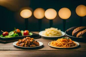 three plates of food sit on a table with lights in the background. AI-Generated photo