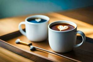 two coffee cups with heart shaped latte art on top. AI-Generated photo