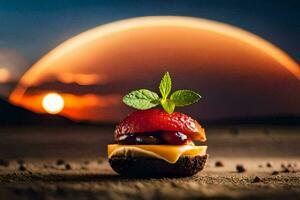 un fresa tarta de queso con un chocolate y fresa relleno se sienta en un mesa en frente de un puesta de sol. generado por ai foto